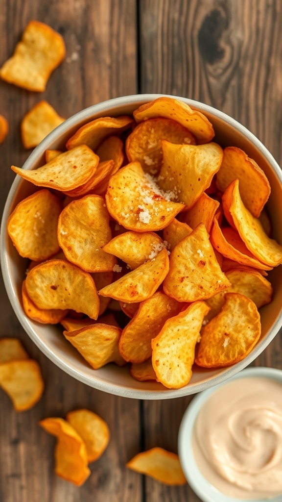 A bowl of crispy homemade potato chips seasoned with salt and paprika, on a rustic table with a dip.